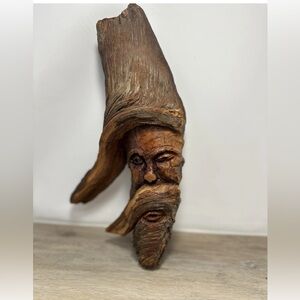 Vintage Hand Carved Wood Spirit Old Man Folk Art Sculpture Tree Garden Decor